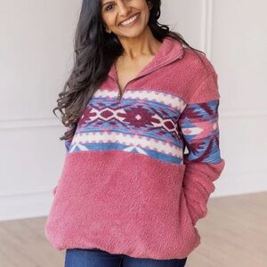 Pink Fleece Pullover with Aztec Pattern